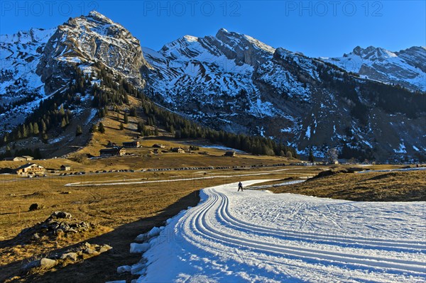 Trail of artificial snow during a snowless winter