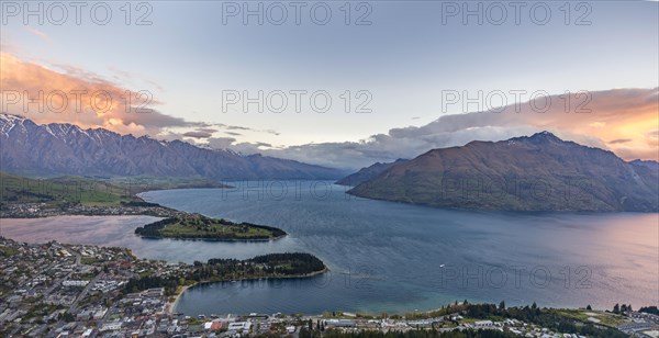 View of Lake Wakatipu and Queenstown after sunset