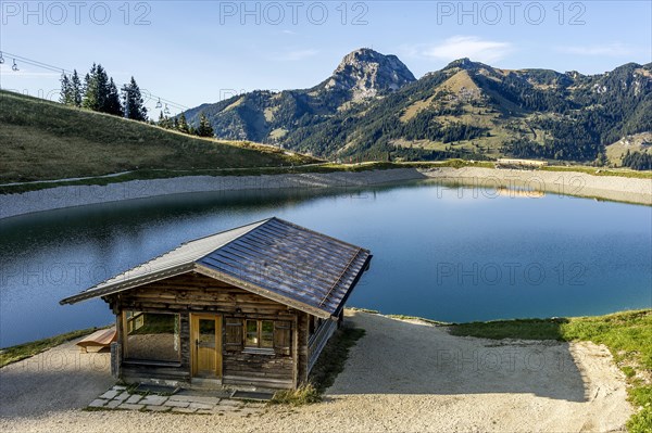 View from Sudelfeld to Wendelstein with reservoir lake Mangfall mountains