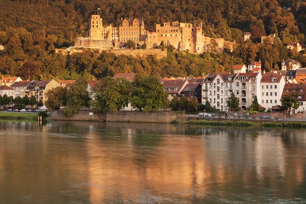 View over the Neckar River of castle at sunset in Heidelberg