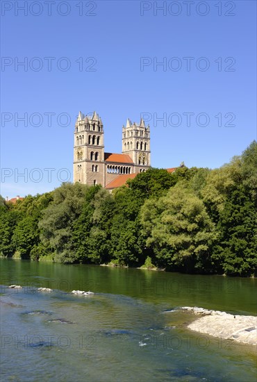 Isar river and church of St. Maximilian in the Glockenbachviertel