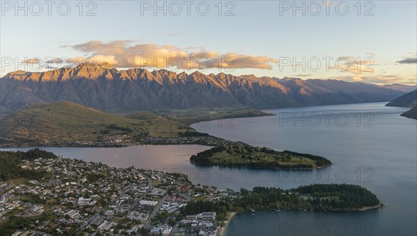 View of Lake Wakatipu and Queenstown at sunset