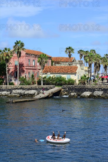 Palm trees and colonial building at the harbor