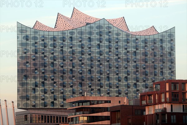 View from Grasbrookharbour on Elbphilharmonie and modern apartement buildings