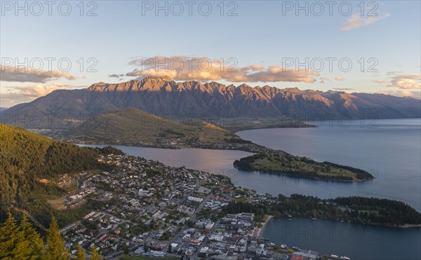 View of Lake Wakatipu and Queenstown at sunset