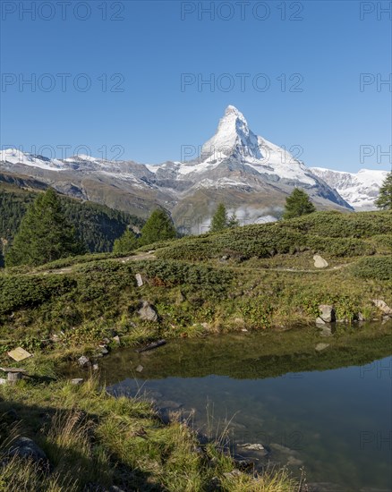 Snow-covered Matterhorn behind the Leisee