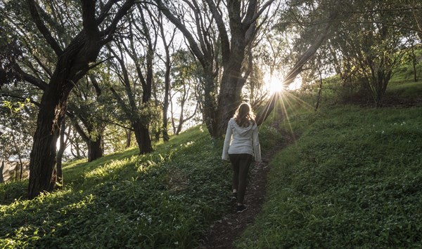 Woman walking on forest path