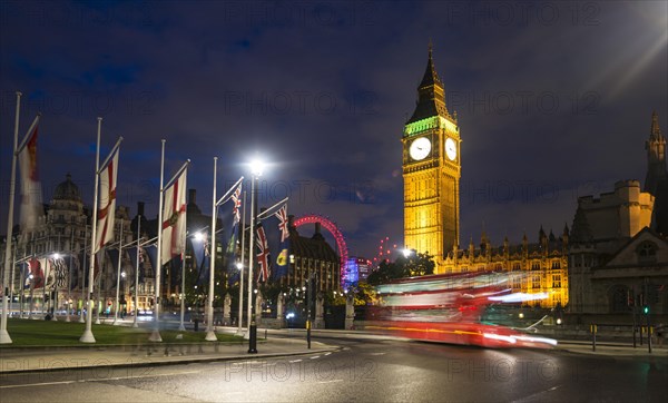 Red double-decker bus in front of Big Ben