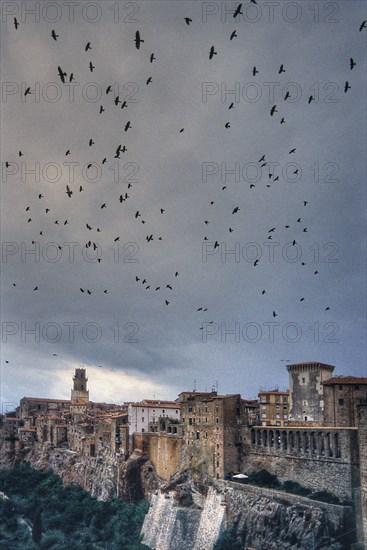 Crows over the old town of Pitigliano