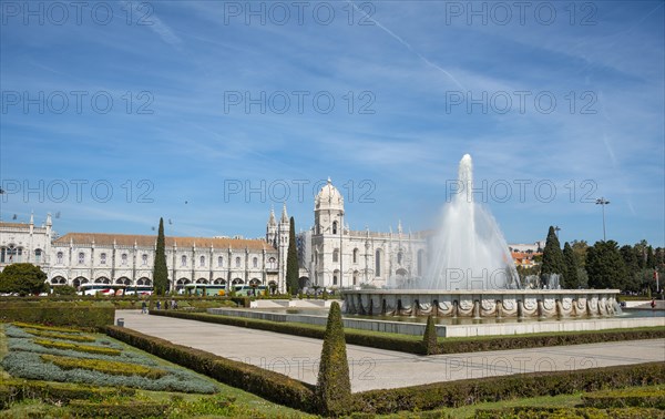 Fountain in the Jardim da Praca do Imperio with Mosteiro dos Jeronimos