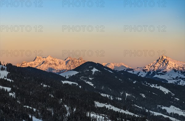 Lofer Mountains and Kitzbuheler Horn at sunrise in winter