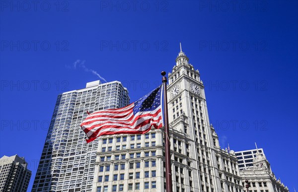 American flag in front of Wrigley Building