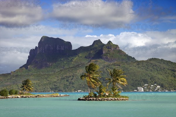 Small palm island in the sea in front of Mont Otemanu