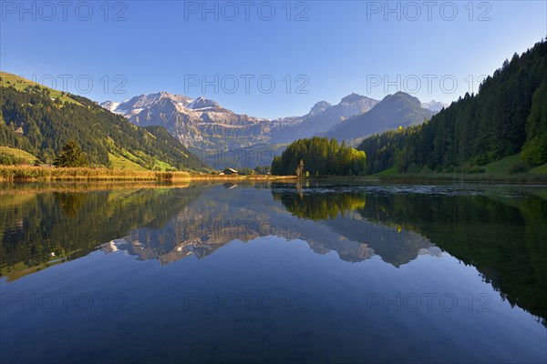 Lake Lenkerseeli with view to the Wildstrubel in the evening light