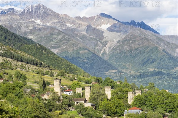 Traditional Svanetian towers in Shkhara Mountains