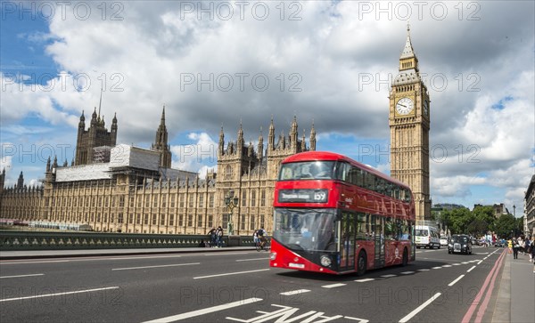 Red double-decker bus on the Westminster Bridge