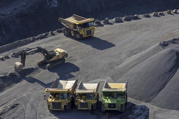 Tipper loader and excavator in a basalt quarry