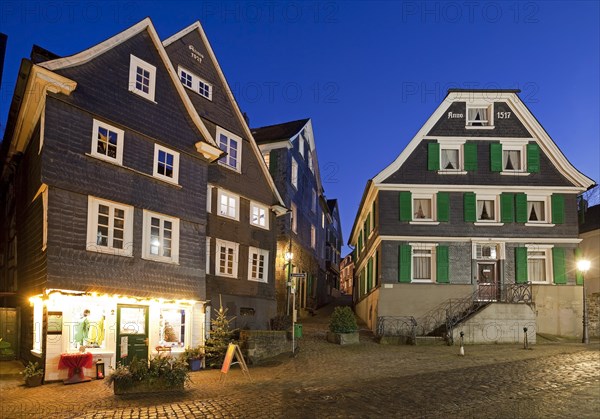 Clapboard houses at dusk