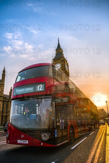 Red double decker bus in front of Big Ben