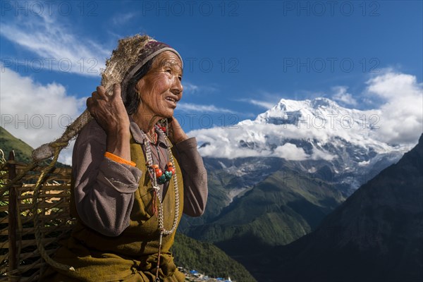 Female farmer carrying basket with harvested crops with Mount Annapurna II in the distance