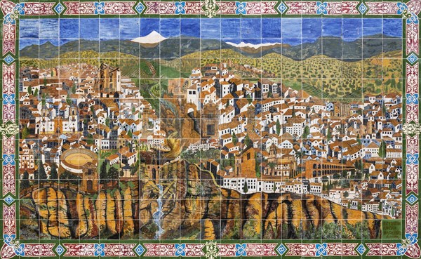 Ceramic board at a school displaying the White Townwith river gorge El Tajo and river Guadalevin