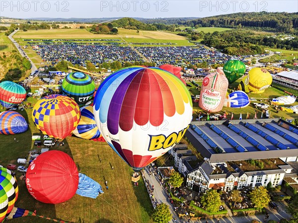 Different colored hot air balloons rising into the air