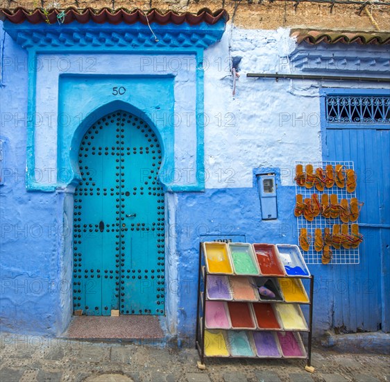 Blue entrance door with blue house facade