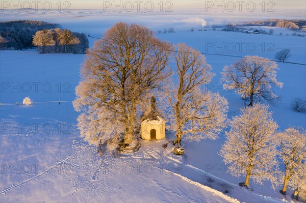 Maria-Dank-Kapelle on Furst-Tegernberg in the morning light in winter