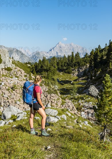 Hiker mit Rucksack looks into the distance