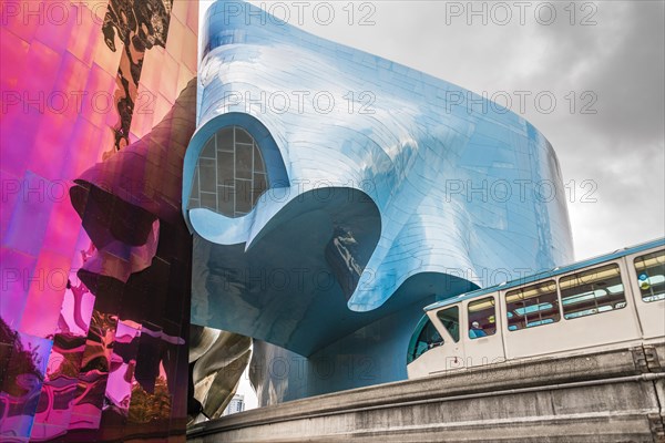 Monorail train runs through the Museum of Pop Culture