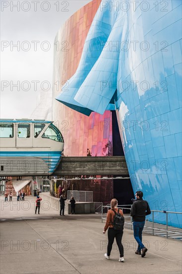 Monorail train runs through the Museum of Pop Culture