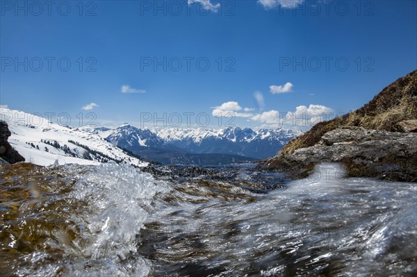 Snow landscape with the mountain Serles and Kalkkogel