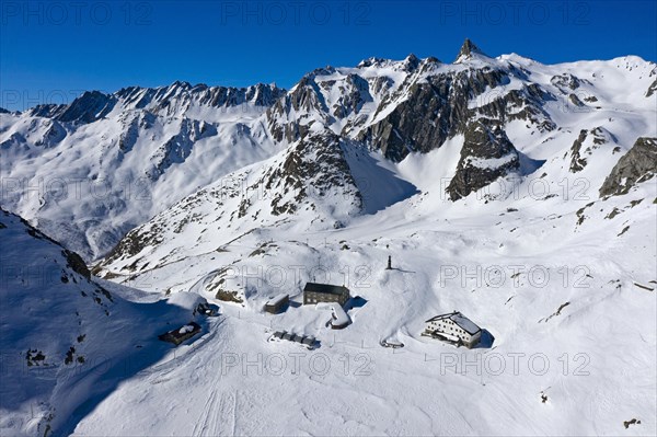 View of snow-covered Great Saint Bernard Pass