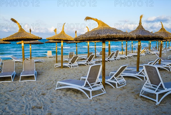 Empty sunbeds and parasols on the beach