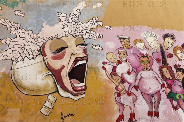 Skull with mask tied on female screams at a group of people