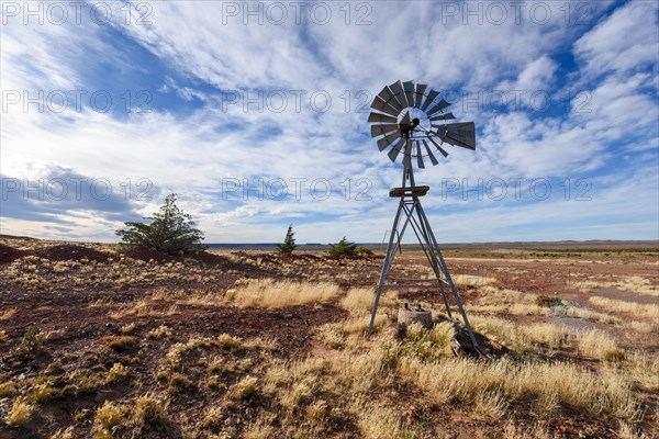 Pampa with old windmill on a farm in Bosques Petrificados de Jaramillo National Park