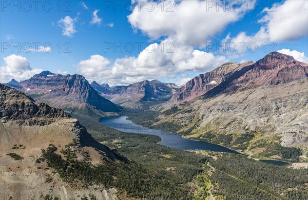 View from Continental Divide Trail onto Mountain Lake Two Medicine Lake with mountain landscape