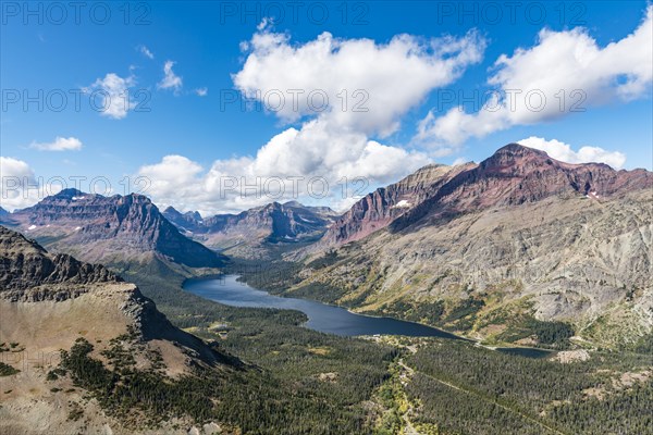 View from Continental Divide Trail onto Mountain Lake Two Medicine Lake with mountain landscape