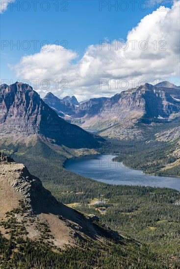 View from Continental Divide Trail onto Mountain Lake Two Medicine Lake with mountain landscape