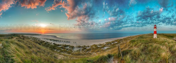 Panorama at the elbow with sunset and lighthouse