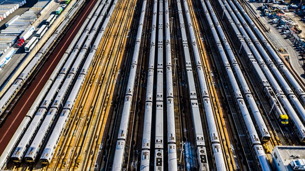 Track system with subway trains at West Side Yard