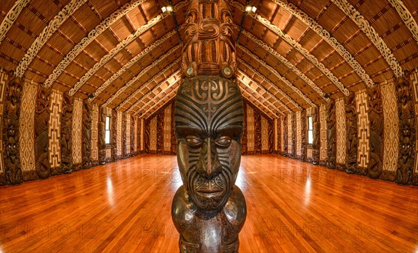 Traditional carving of a Maori statue in the assembly hall Te Whare Runanga