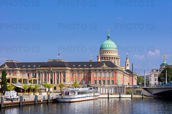 excursion boat in front of Parliament Potsdam and St. Nicholas Church