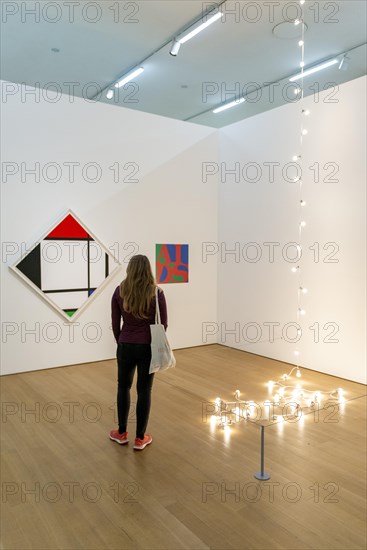 Visitor looks at modern paintings