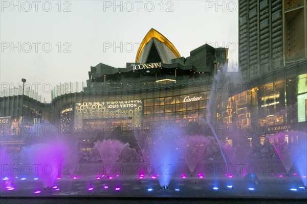 Water games with coloured fountains in front of the IconSiam shopping centre