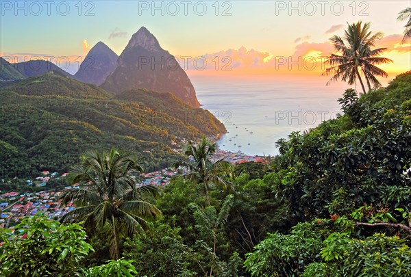 Tropical landscape with view of the village and the two Pitons