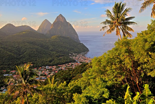 Tropical landscape with view of the village and the two Pitons