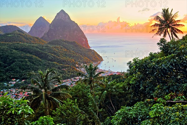 Tropical landscape with view of the village and the two Pitons