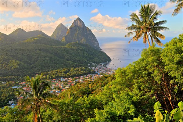 Tropical landscape with view of the village and the two Pitons