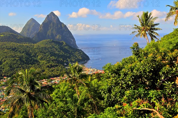 Tropical landscape with view of the village and the two Pitons